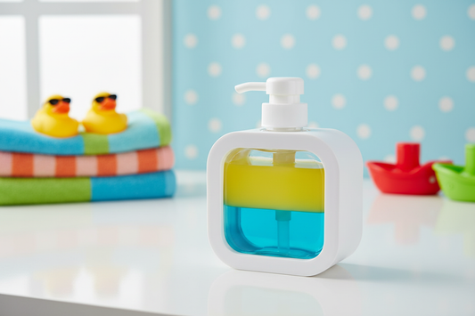 Kids soap dispenser in cheerful bathroom setting