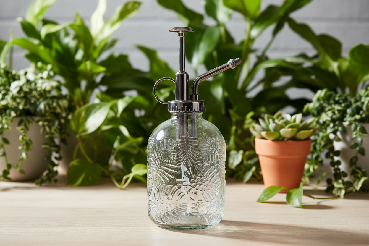 Vintage glass mister with botanical leaf pattern