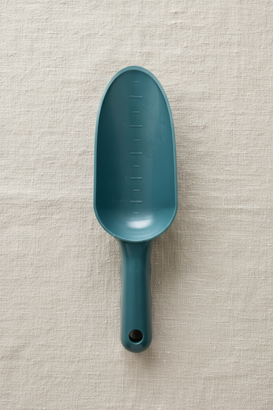 Blue-green soil scoop with measurements on beige background