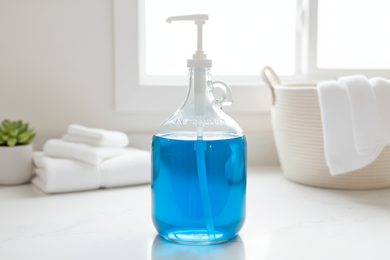 Glass laundry detergent dispenser in clean laundry room