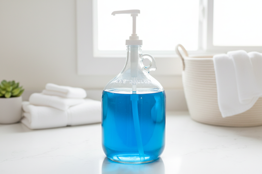 Glass laundry detergent dispenser in clean laundry room