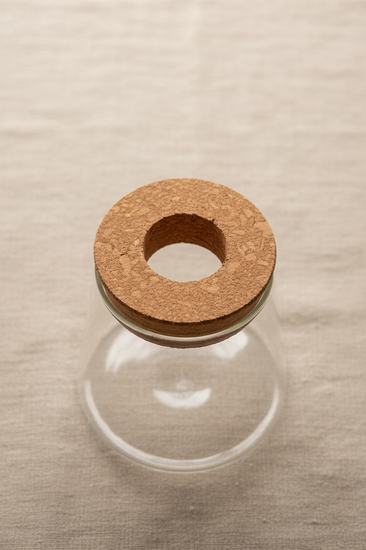 Glass propagation jar with cork lid on textured background