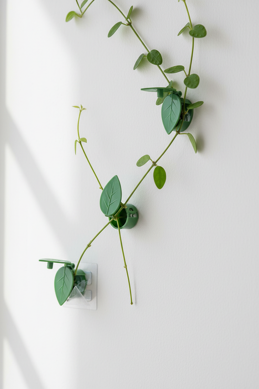 Green leaf clips attached to wall supporting plant