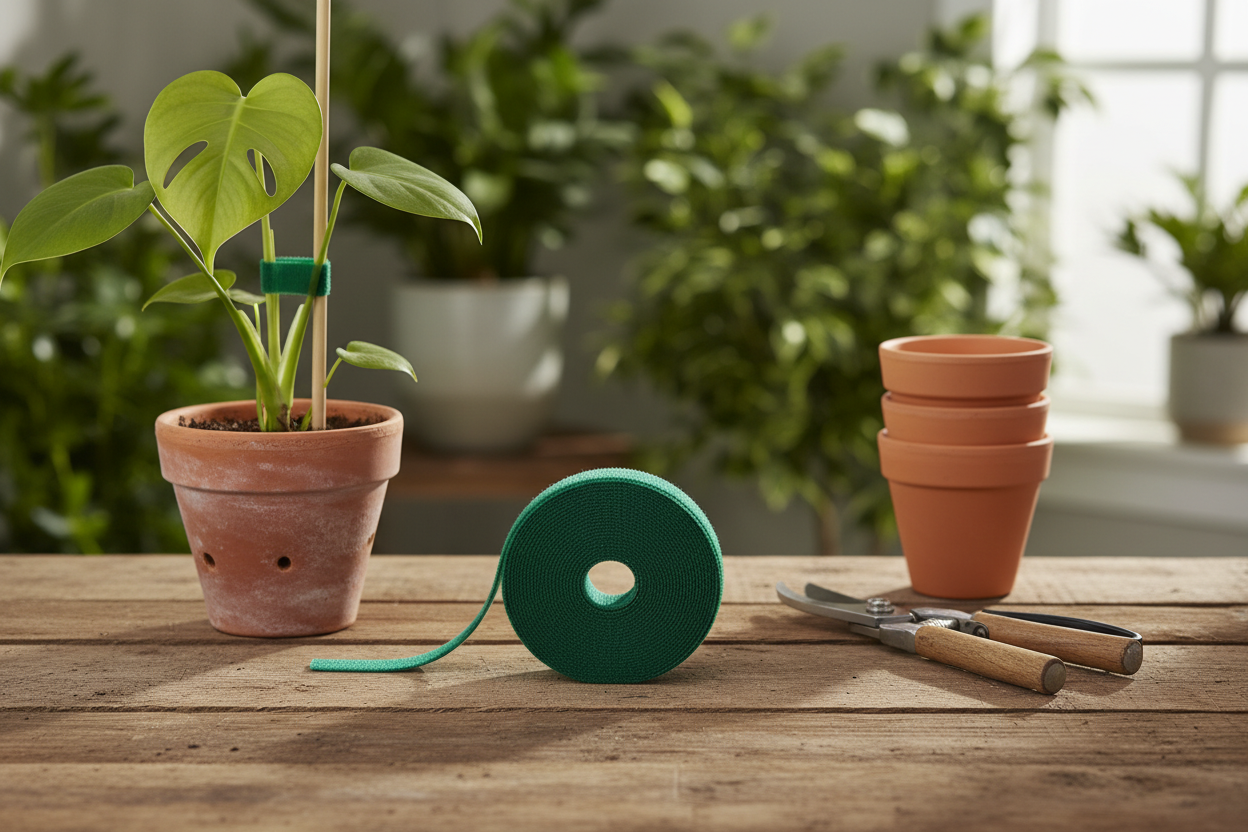 Green velcro plant tie in garden setting