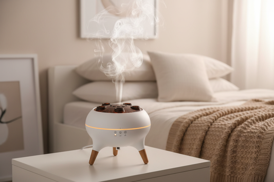 Modern aroma diffuser with wooden legs in serene setting
