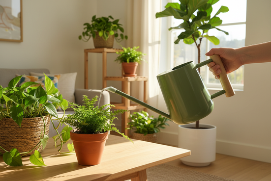 Modern watering can with wood handle in botanical setting
