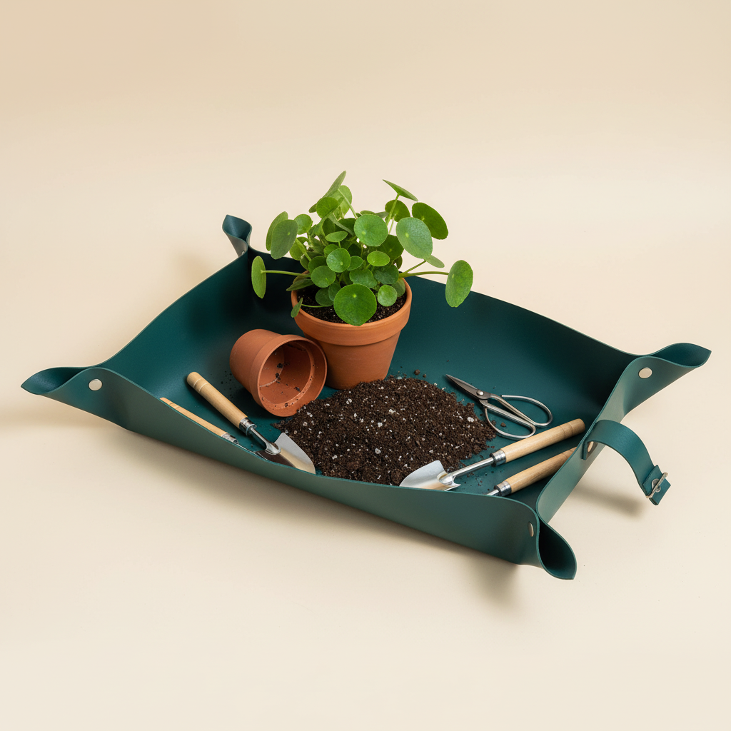 Plant repotting mat with plant and tools