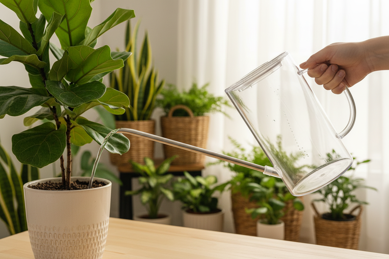 Plant watering can in use with houseplants