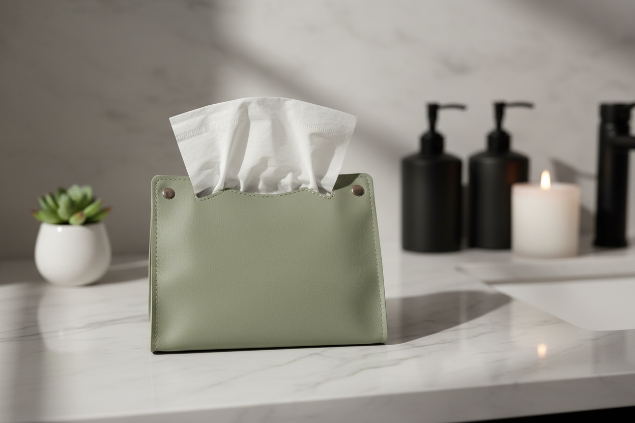 Sage green tissue holder in modern setting