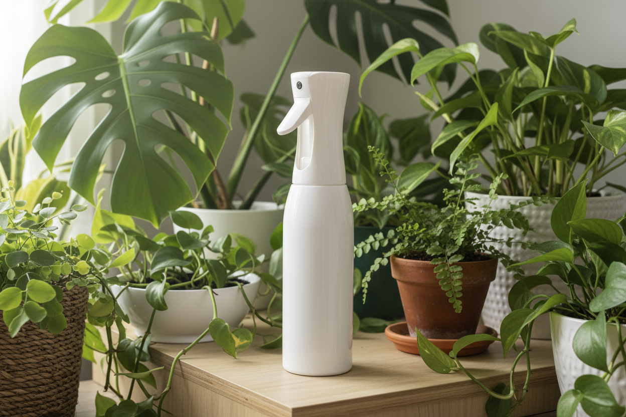 White spray bottle in botanical setting